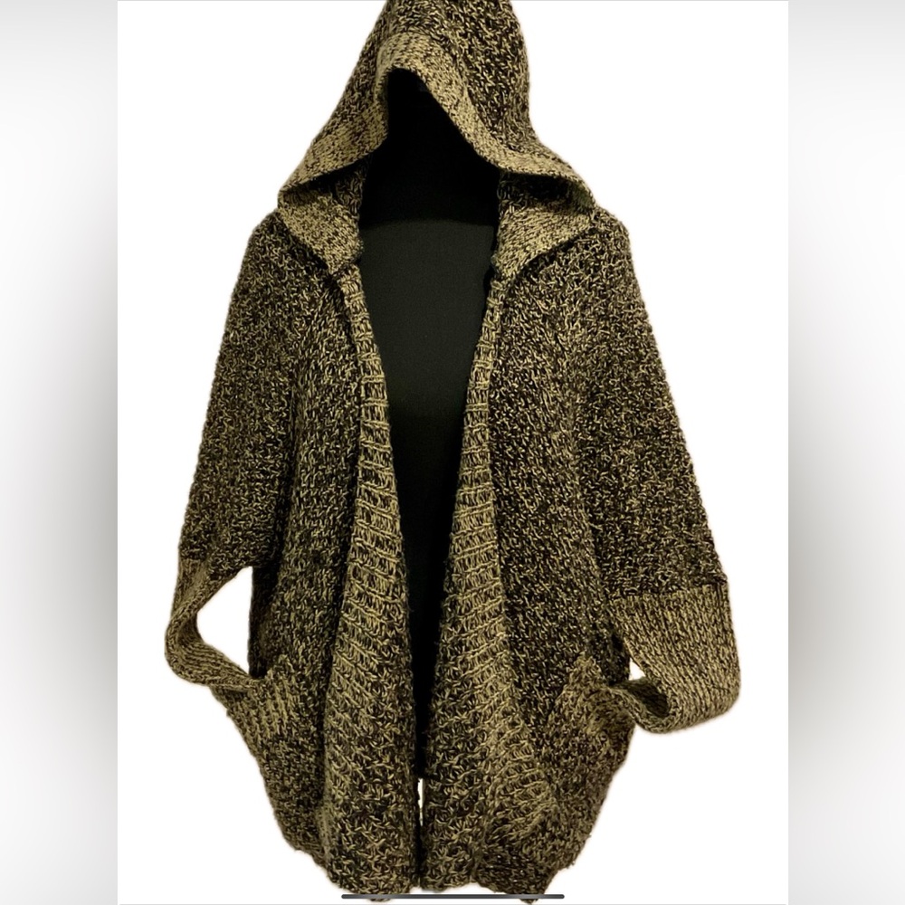 RETROD Brown Hooded open sweater with pockets .